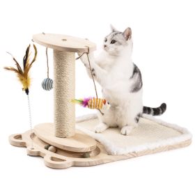 Cat Toy 1-Layer Turntable Cat Ball Toy with Feather Stick,Interactive Cat Toy with 5 Interactive Balls ,Cat Scratching Post with Mat